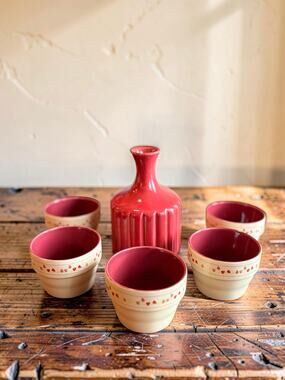 Vintage Ceramic Decanter & 5 Matching Cups Decanter Set | Rustic Barware